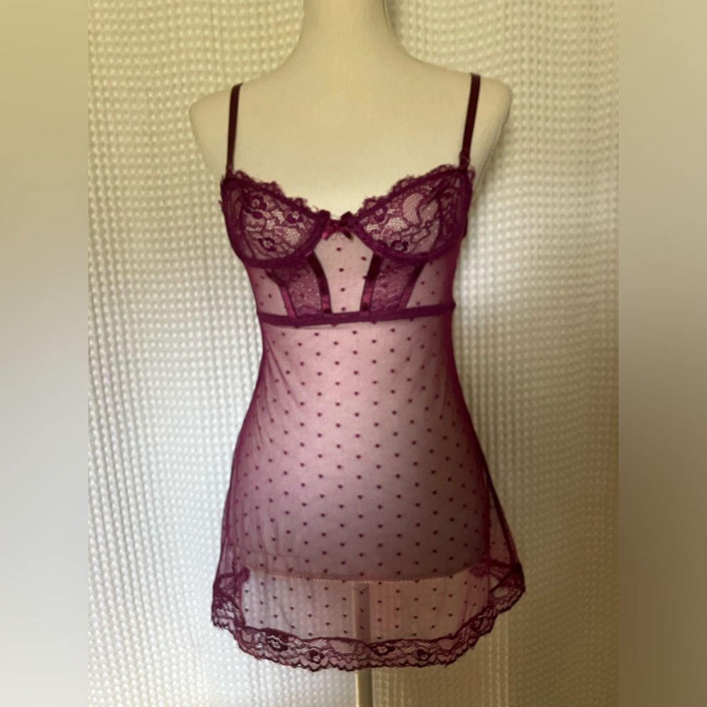 Sheer Lace Chemise Nightdress - Wine
